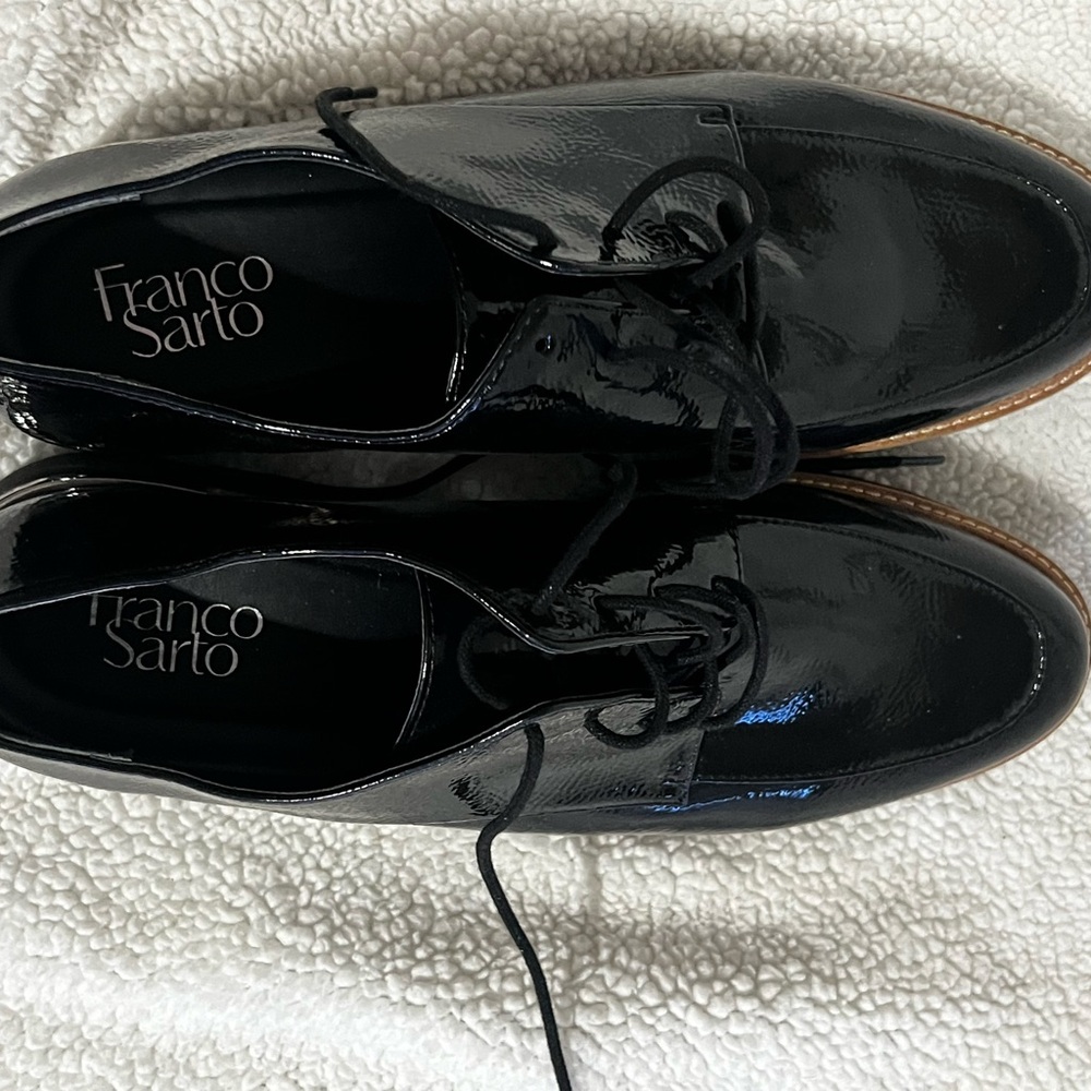 Franco Sarto Black Oxfords with Lace-up Design and Glossy Finish